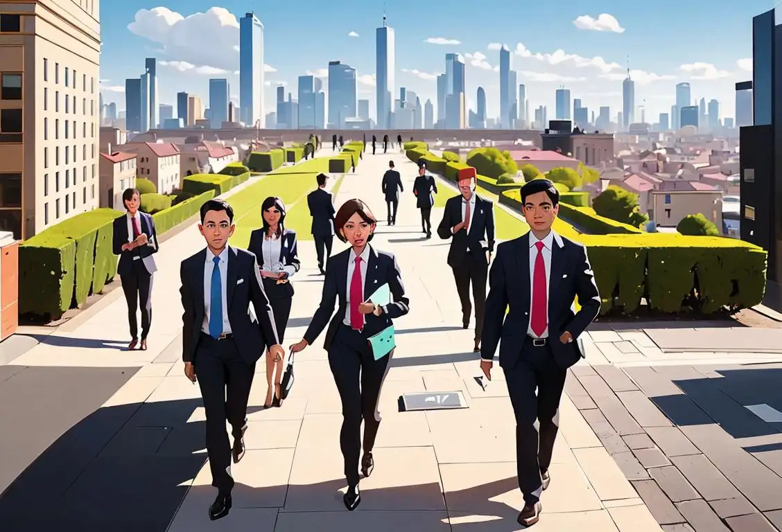 A group of diverse individuals in business attire, confidently walking across a bustling cityscape with personalized name tags, showcasing the importance of employability skills in the job market..