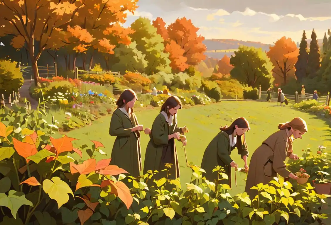 A group of people picking various herbs in a cozy autumn garden, dressed in earth-toned clothing, with a countryside backdrop..