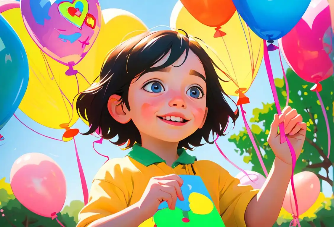 Young child painting a happy picture, wearing a colorful artist smock, surrounded by colorful balloons and a sunny park scene..