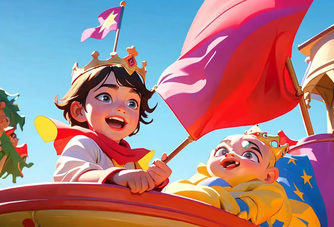 Young child waving a flag, wearing a crown, in a colorful playground filled with laughter and joy..
