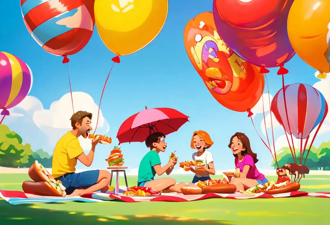 Happy people at a summer picnic enjoying hot dogs with different toppings, surrounded by colorful balloons and a festive atmosphere..