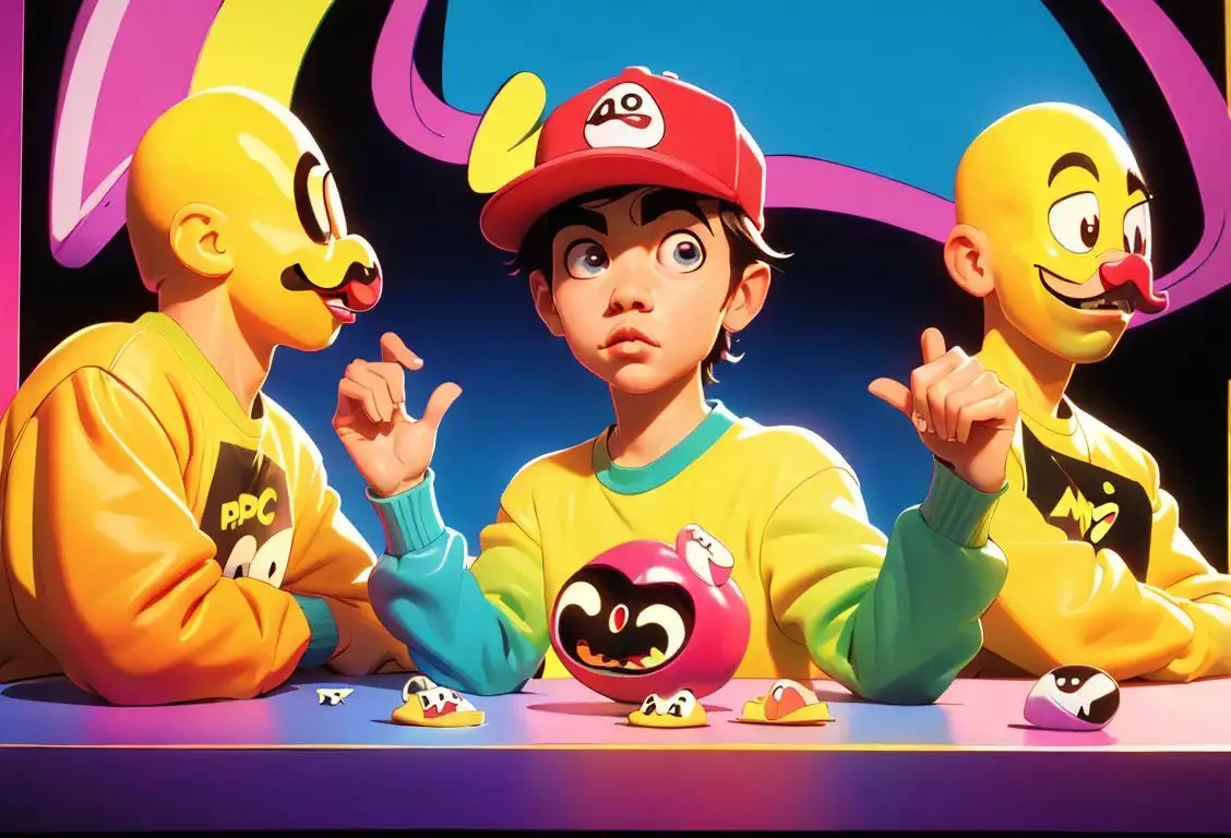 Colorful scene featuring Pac-Man characters, a retro gaming arcade, a group of young people dressed in 80s fashion with Pac-Man merchandise..