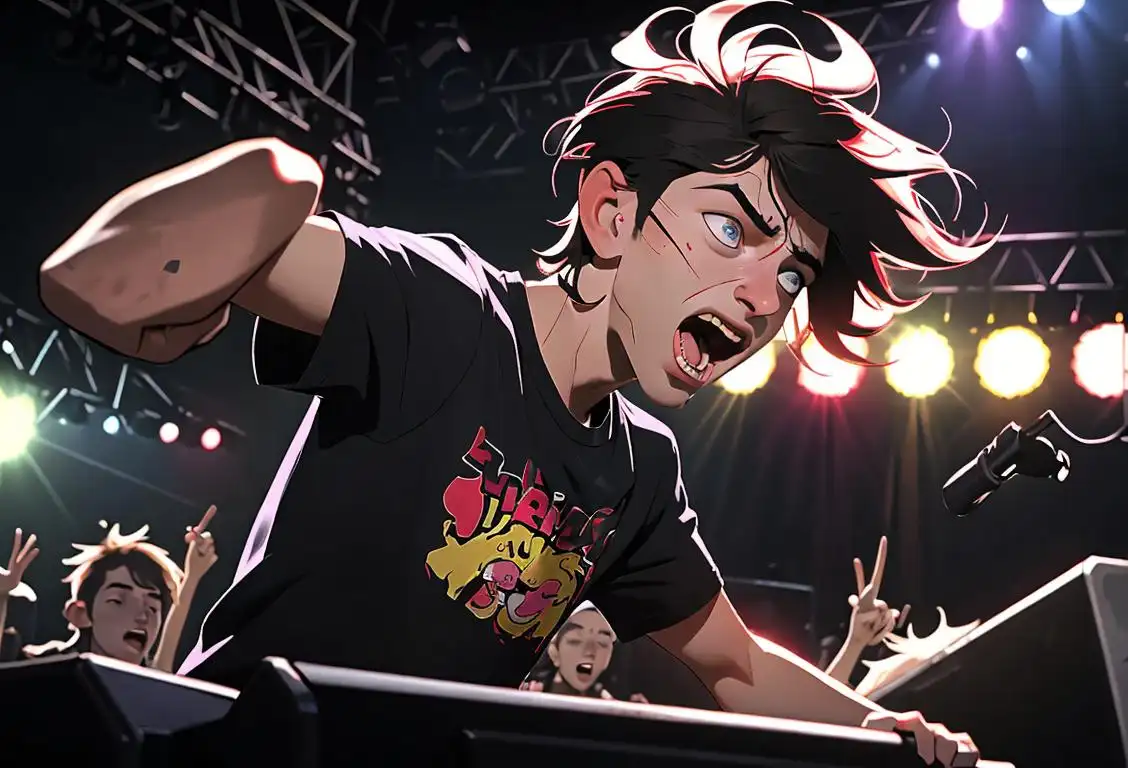 Young man headbanging to rock music, wearing a band t-shirt, messy hair, concert stage surrounded by cheering fans..
