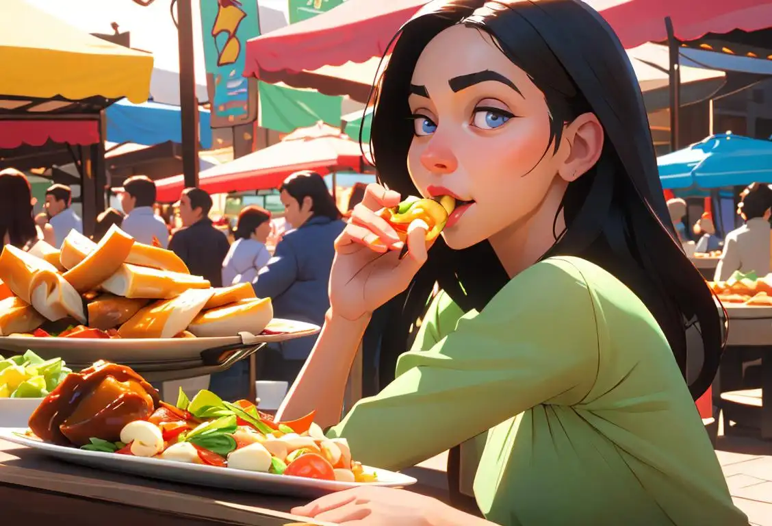Young woman enjoying a feast of mouthwatering dishes from various cuisines, surrounded by a vibrant food market bustling with cultural flavors and aromas..