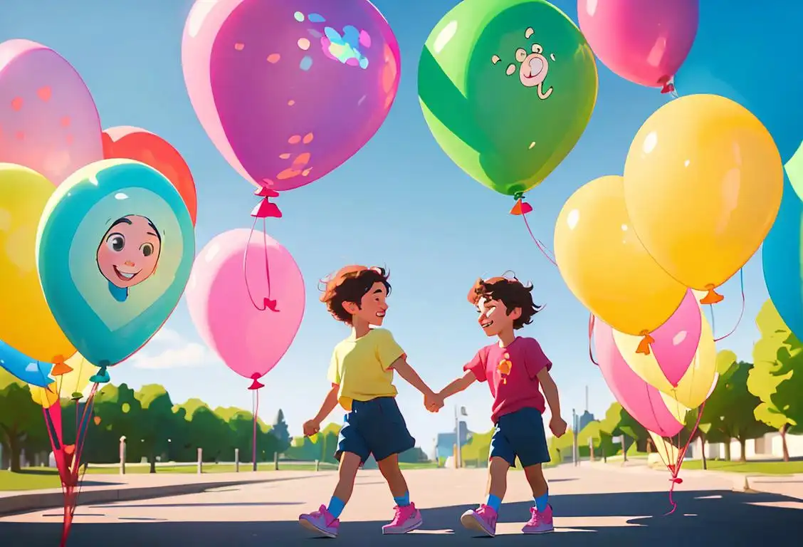 A diverse group of teenagers, holding hands and smiling, in a colorful outdoor setting with vibrant balloons, promoting unity and mental well-being..
