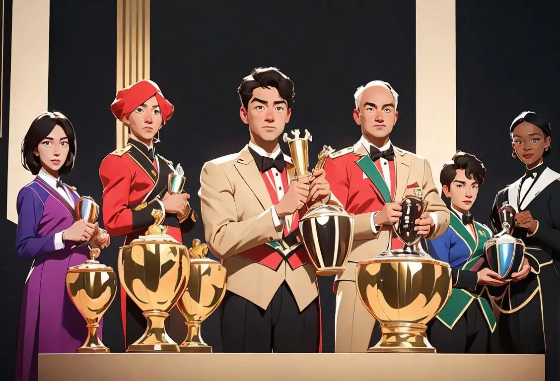 A diverse group of individuals holding trophies, wearing a variety of outfits, representing different national championships..