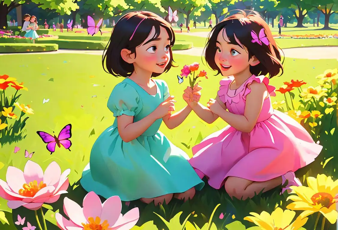 Happy young girls playing in a park, wearing colorful dresses, surrounded by blooming flowers and butterflies..