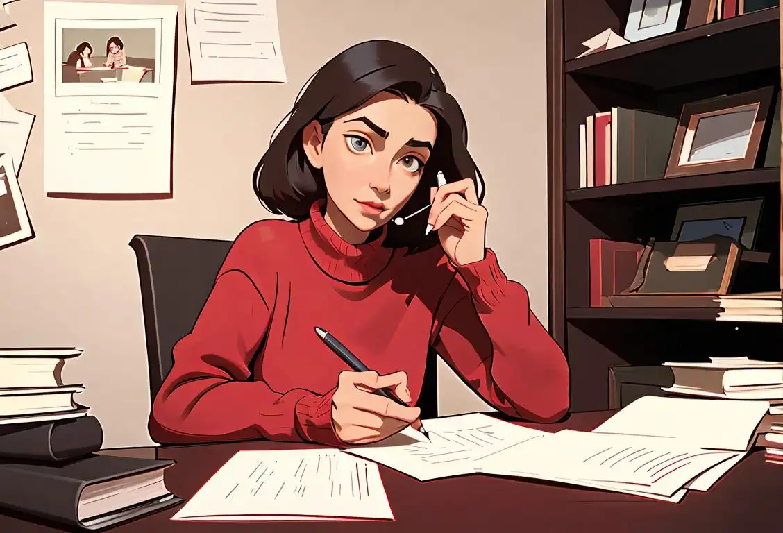 A woman in a cozy sweater, holding a red pen, sitting at a desk surrounded by books and papers..
