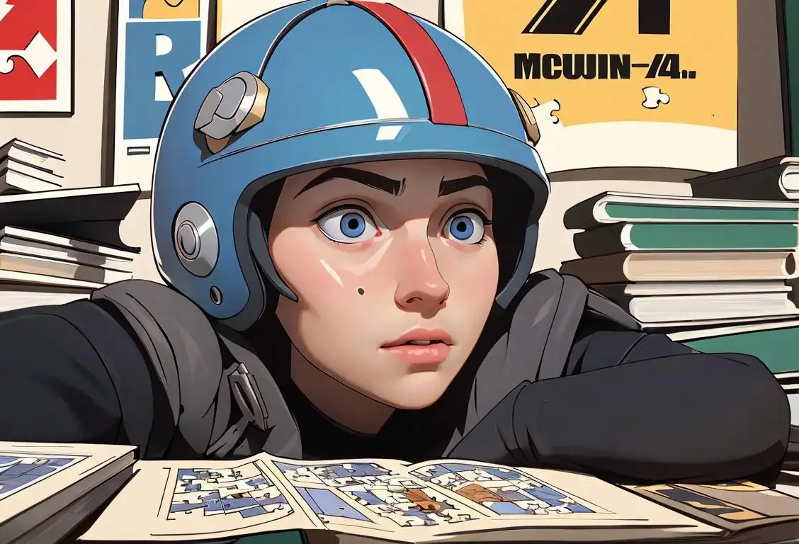 Person wearing a helmet with a puzzle piece design, surrounded by books and educational posters..