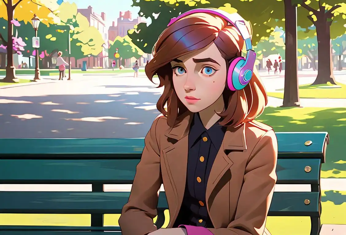 Teenage girl wearing headphones, sitting on a sunny park bench, surrounded by colorful music notes and Echosmith album covers..