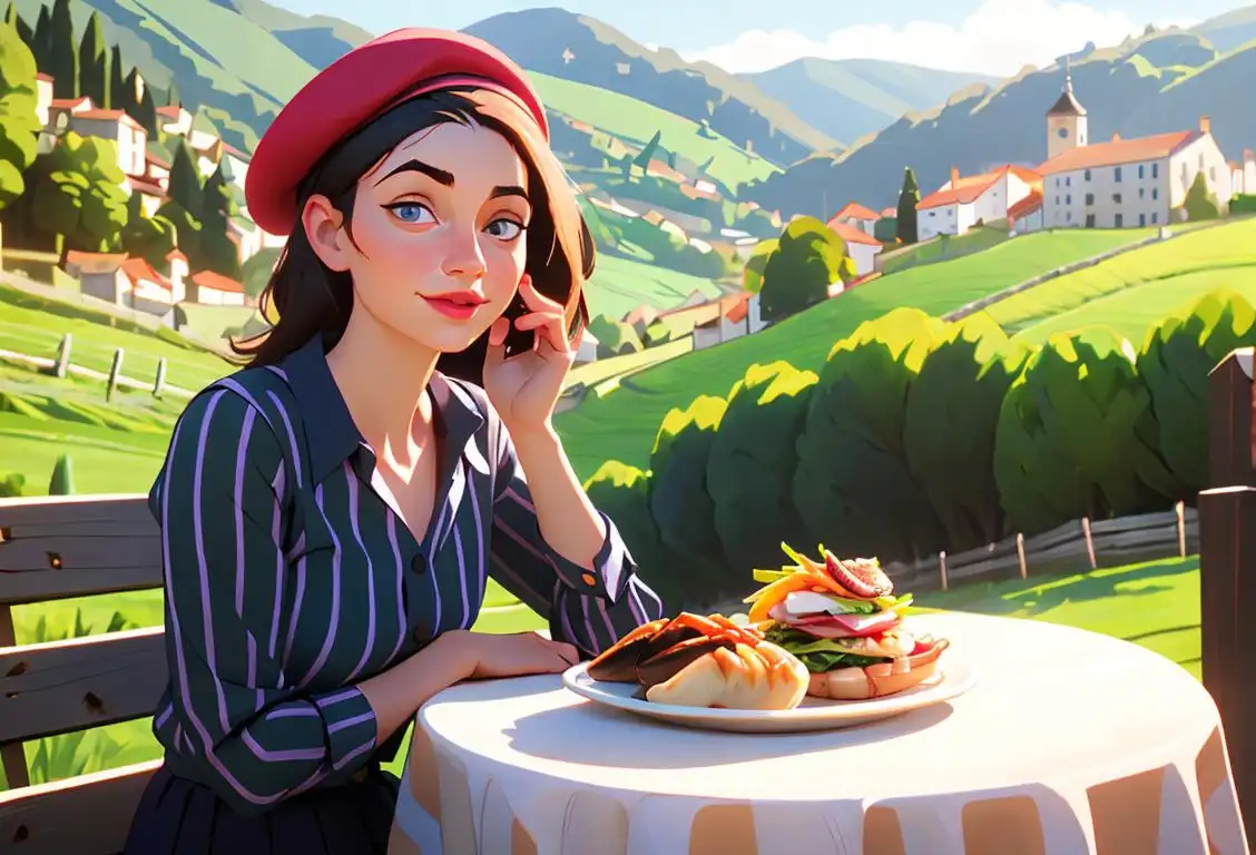 Young woman wearing a traditional Basque beret, striped shirt, enjoying a delicious pintxo in a vibrant Basque countryside setting..