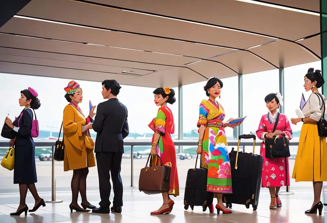 Group of diverse travelers at an airport, showcasing various national styles with colorful attire and traditional accessories..