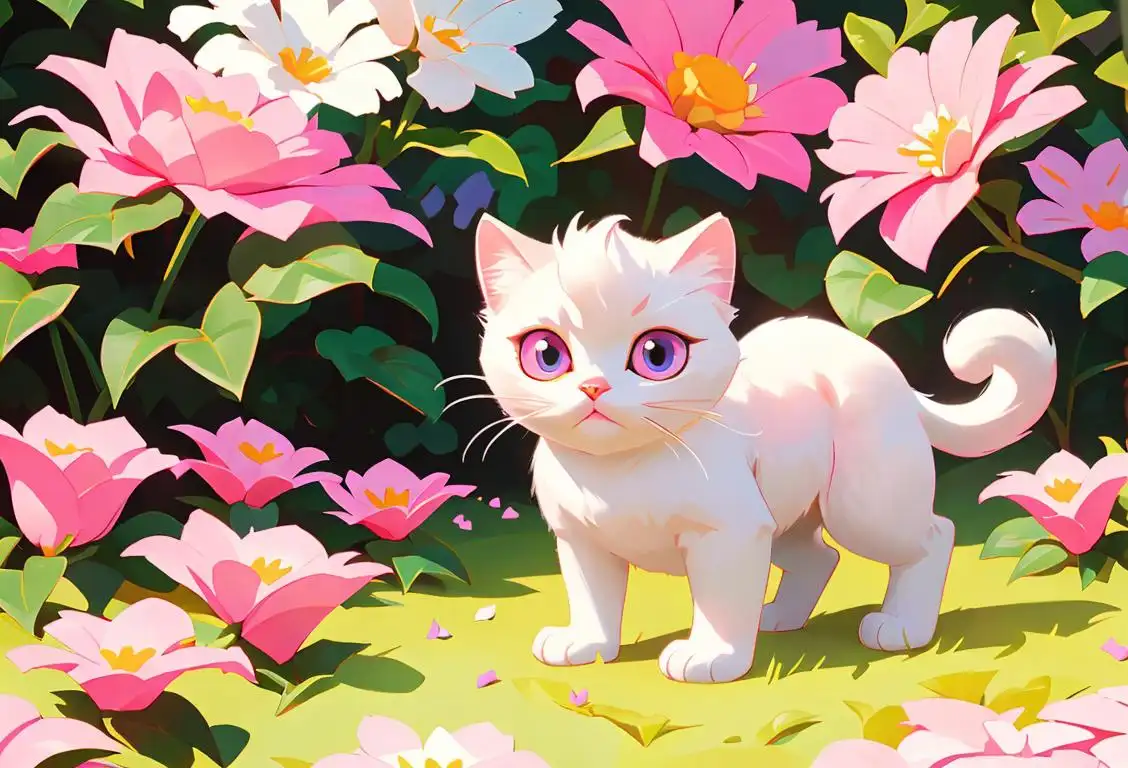 Fluffy white cat wearing a cute pink bow, surrounded by colorful flowers in a sunny garden..