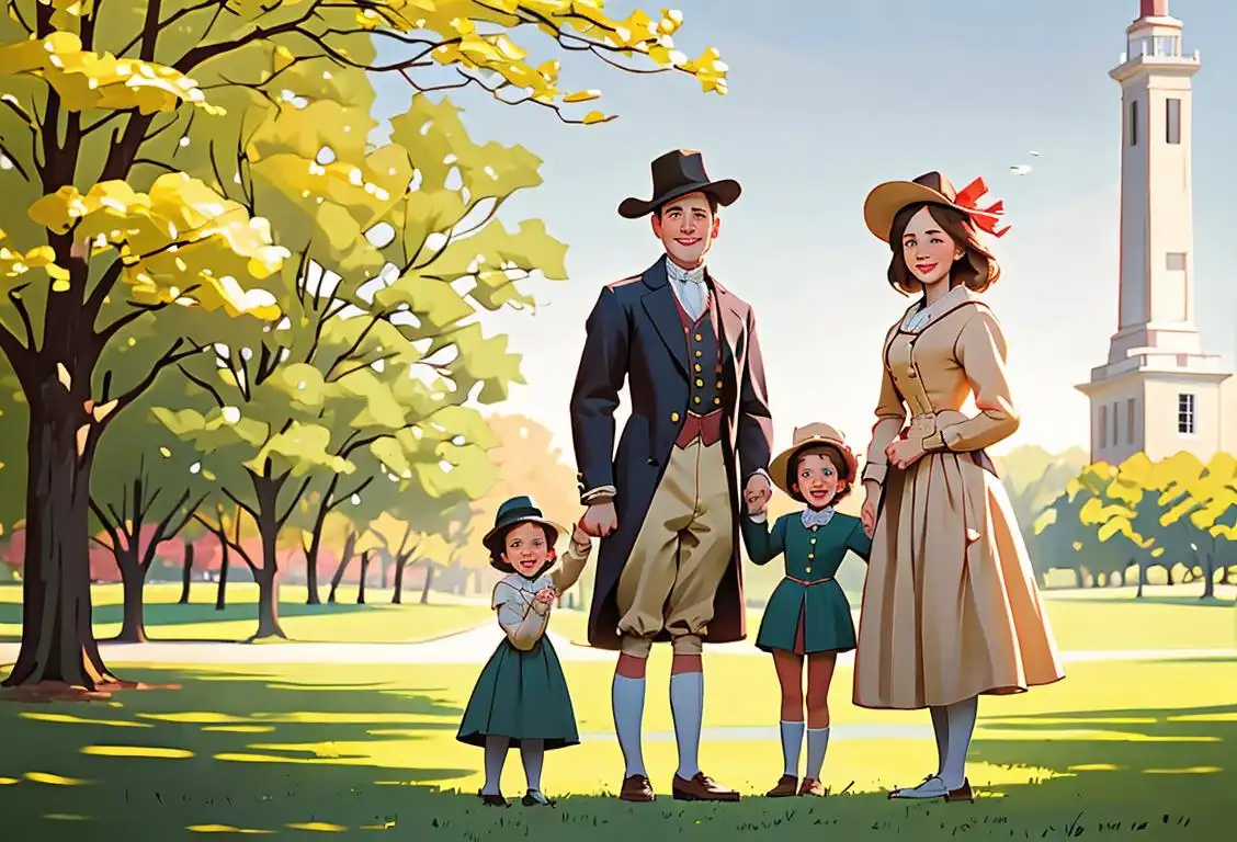 A smiling family dressed in colonial-era clothing, standing in front of an iconic Delaware landmark, enjoying a picnic.