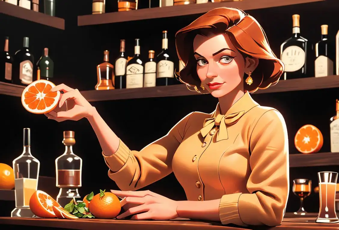 A stylish woman in a classic outfit, holding a whiskey sour in one hand, surrounded by vintage whiskey bottles and citrus fruits..