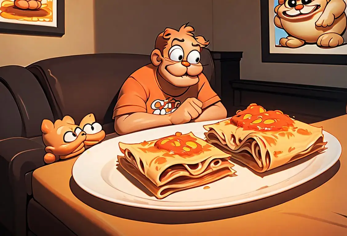 Cheerful person wearing an orange Garfield t-shirt, enjoying a plate of lasagna in a cozy living room filled with Garfield comics..