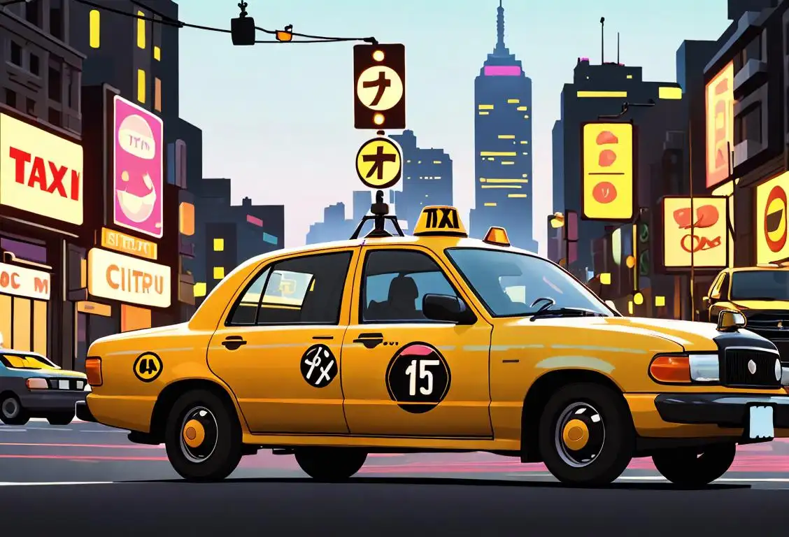 Cheerful taxi driver with a wide smile, wearing a classic uniform, surrounded by city lights and iconic landmarks..