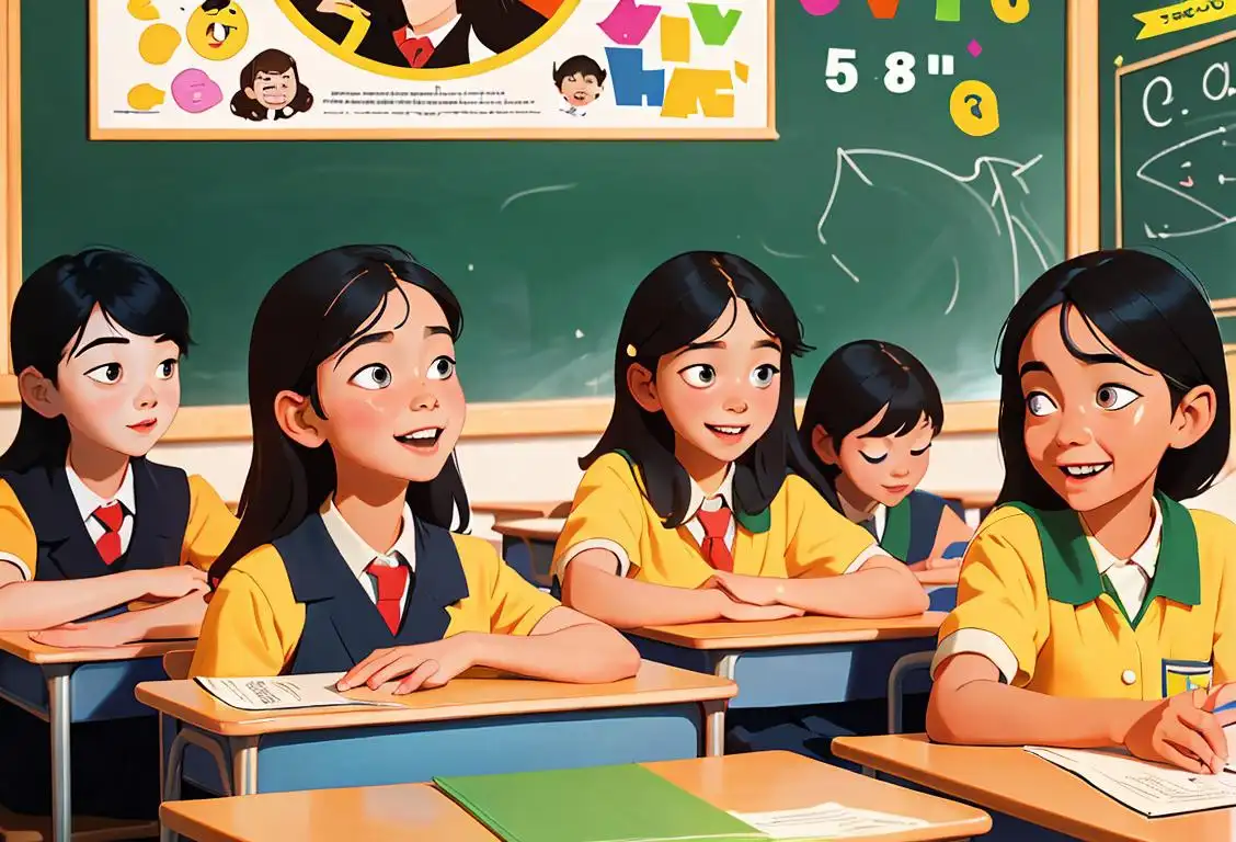 Group of school children smiling, wearing uniforms, sitting in a colorful classroom with educational posters.