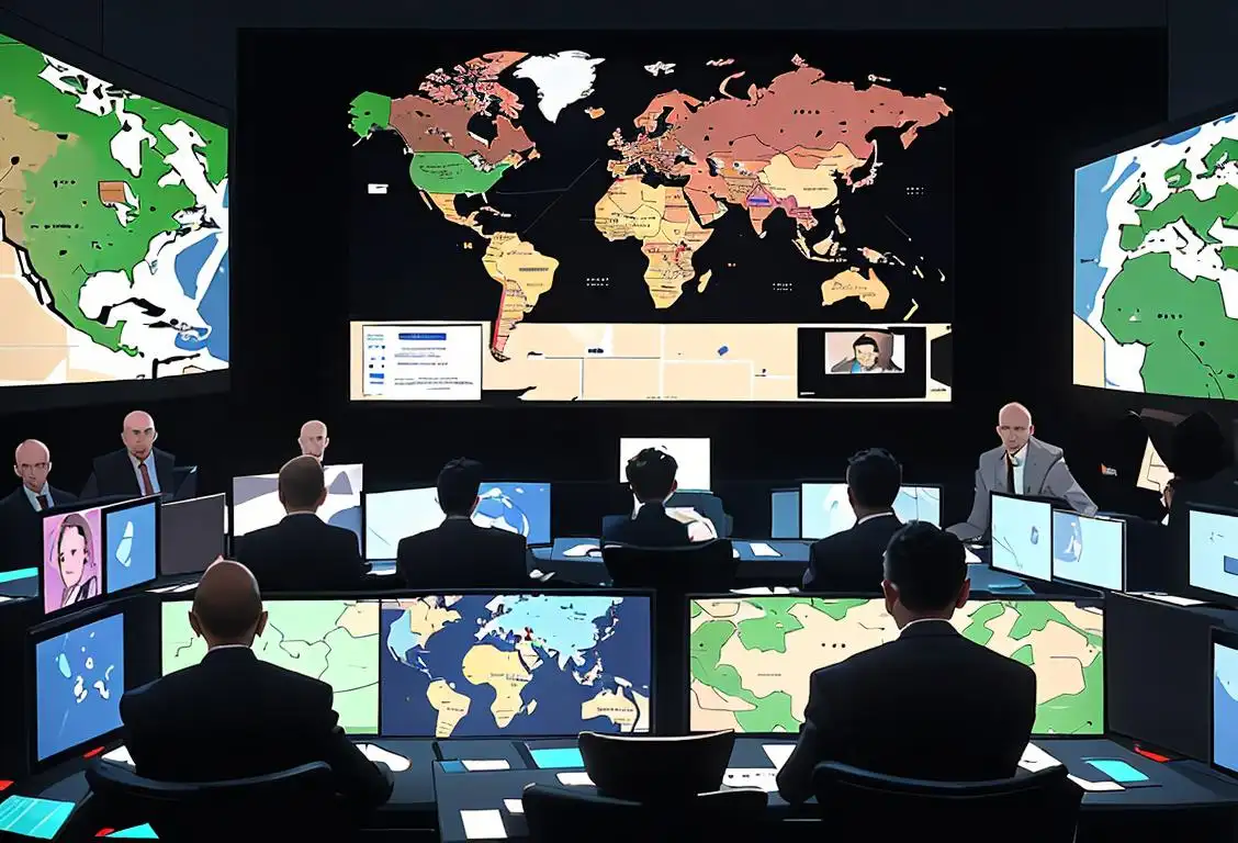 A diverse group of people collaborating, wearing suits, in a high-tech control room, surrounded by screens displaying world maps and cyber security graphs..