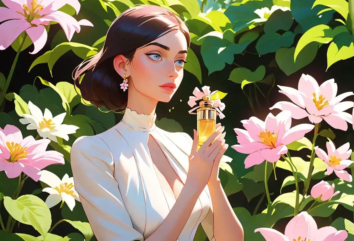 A stylish person holding a perfume bottle, wearing a chic outfit, in a beautiful garden setting surrounded by blooming flowers..