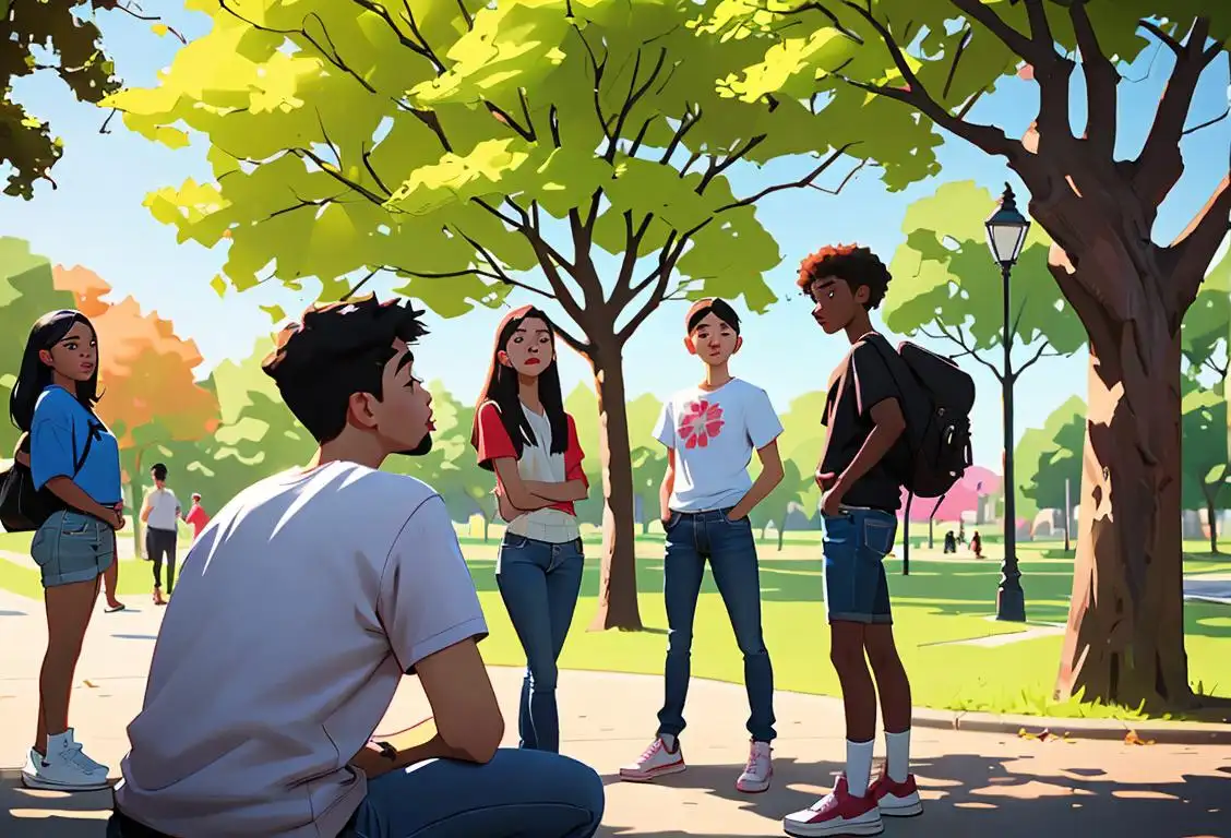 A group of diverse teenagers engaged in a drug awareness activity, wearing casual clothes, outdoors in a park setting..
