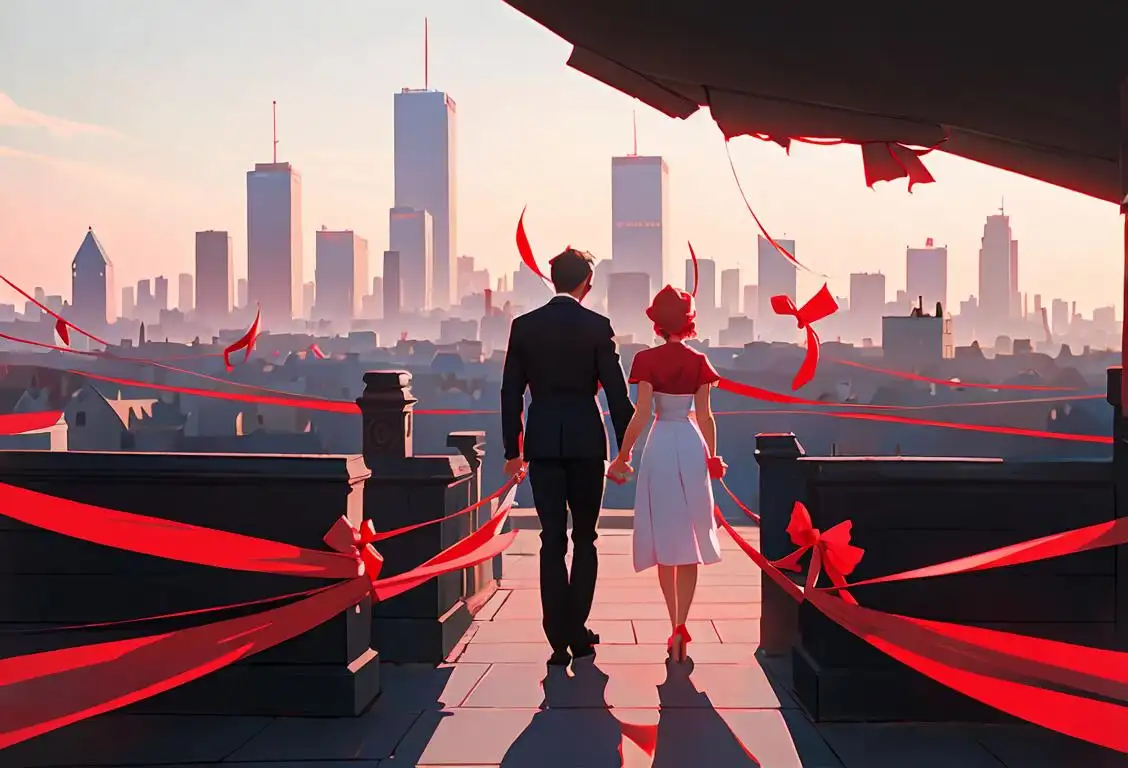 Diverse group of people holding hands, wearing red ribbons, city skyline in the background..