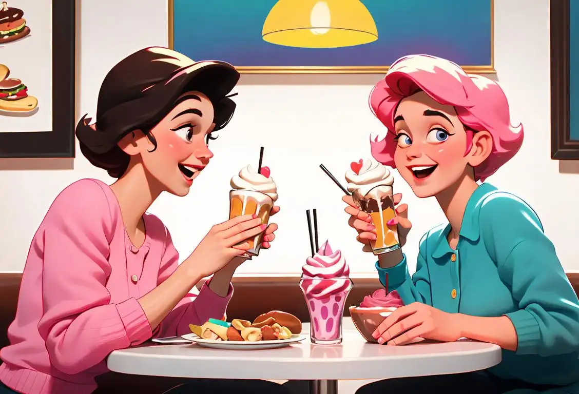 Two friends laughing and toasting with milkshakes at a cozy diner, wearing matching retro outfits with vibrant colors, classic 50s diner setting..