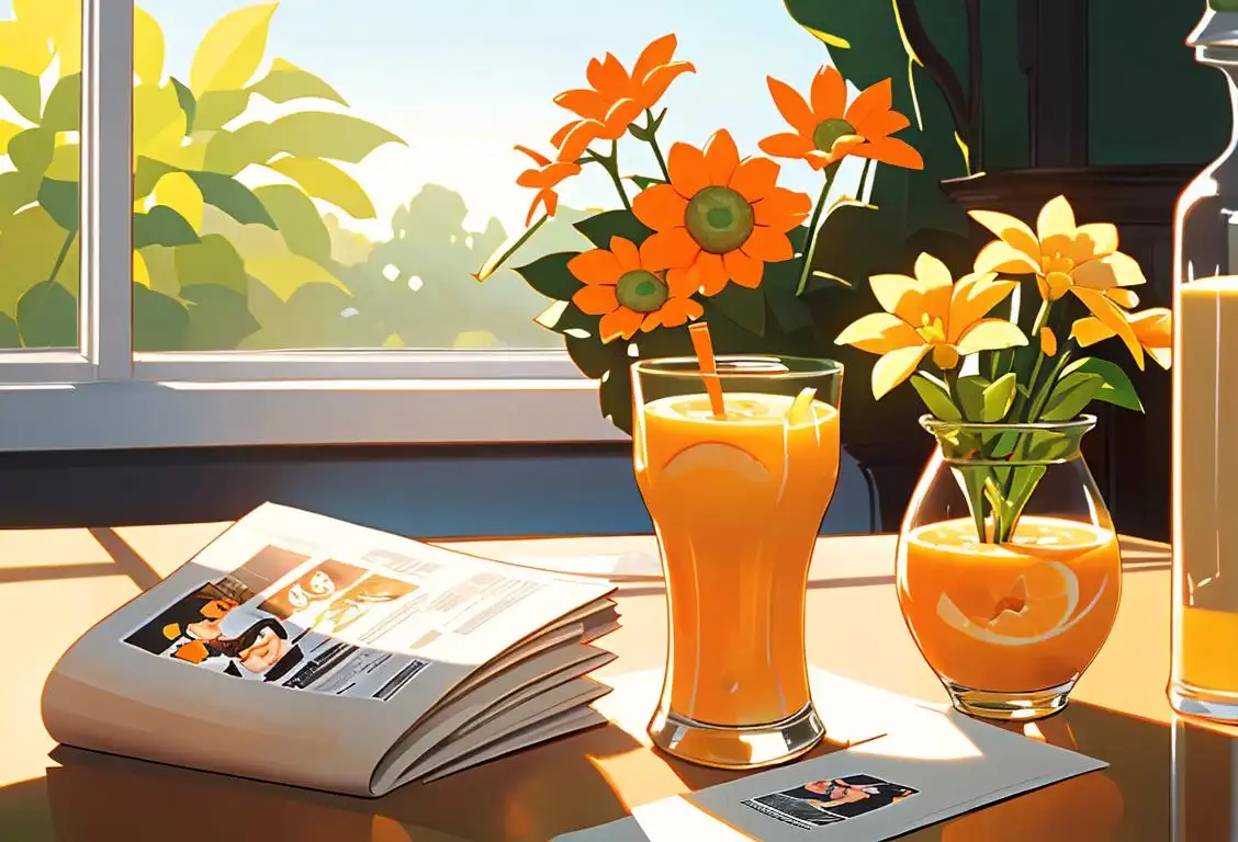 A refreshing glass of orange juice on a sunny breakfast table, with bright flowers and a morning newspaper..