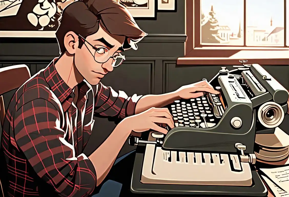 Young male adult, typing on a vintage typewriter, in a cozy coffee shop, wearing glasses and a plaid shirt..