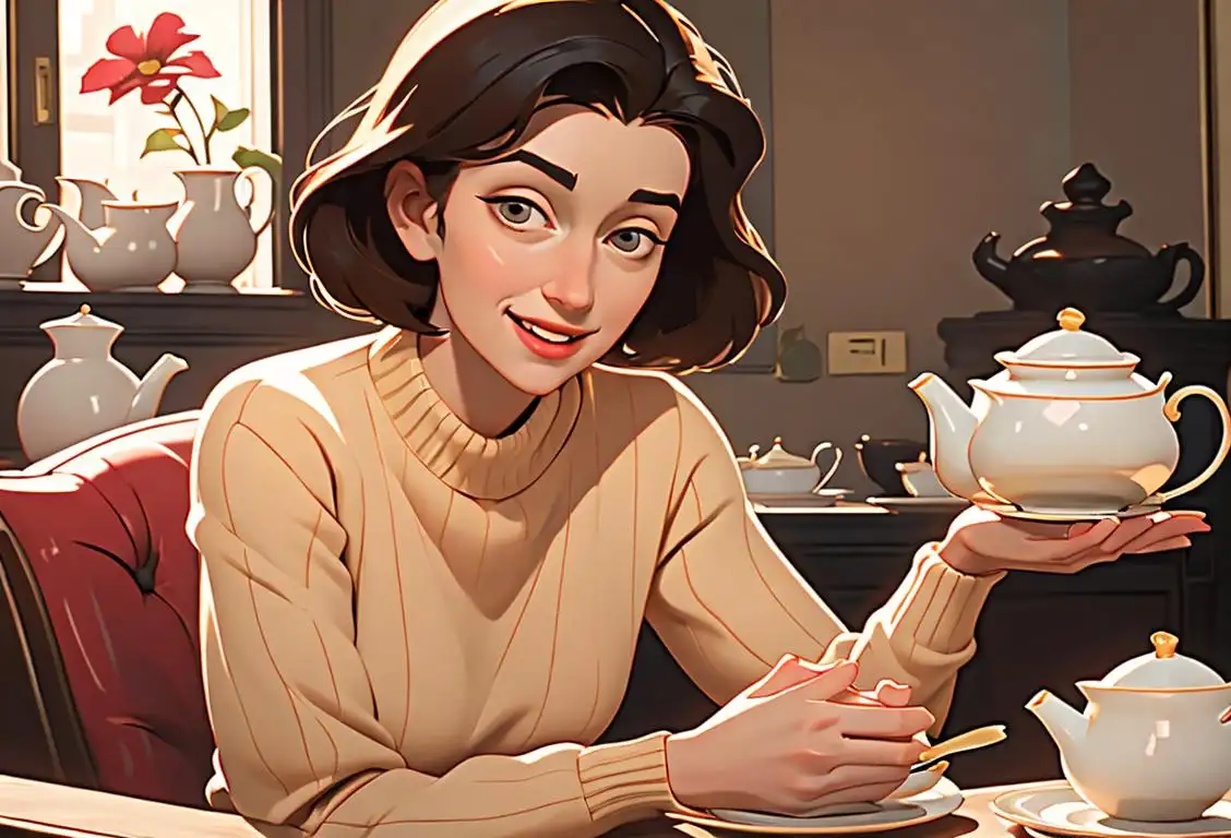 A joyful woman in a cozy sweater, surrounded by a classic tea set and a variety of beautiful shortbread cookies..