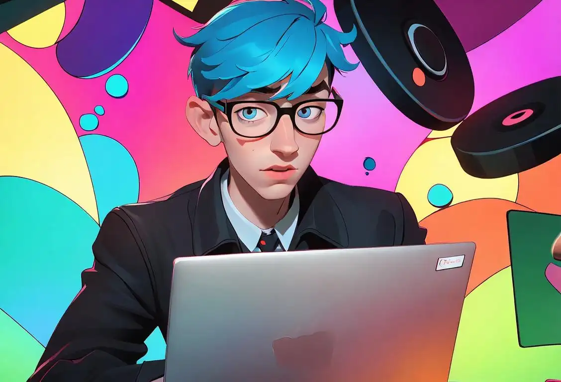 Young man with a laptop, wearing hipster glasses, surrounded by colorful virtual confetti, celebrating National Jack Avery Day!.