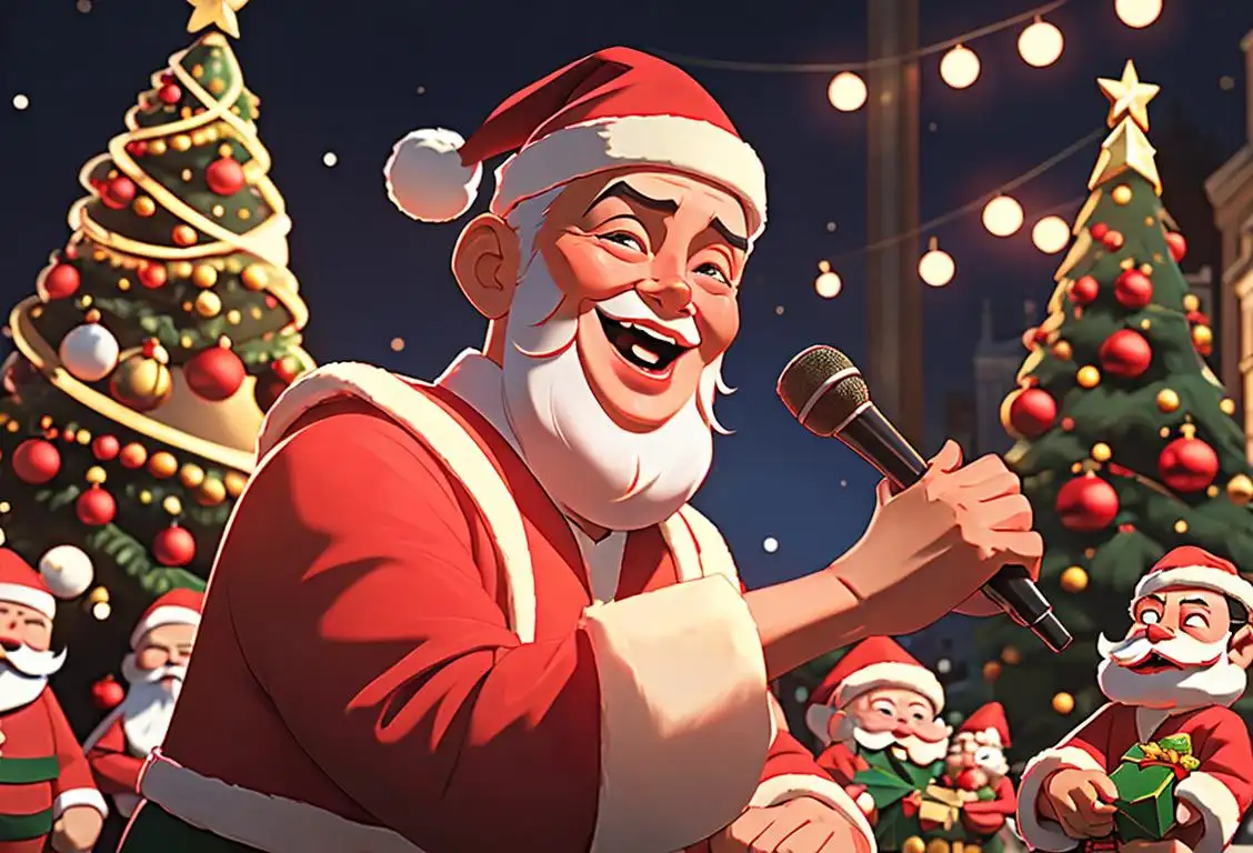 A joyful man wearing a Santa hat, singing while surrounded by Christmas decorations and a lively city scene..