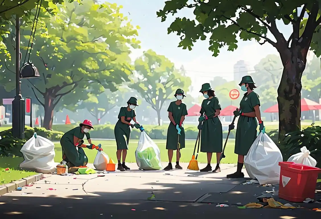 Group of diverse people in clean-up gear, holding garbage bags, working together to clean up a park, surrounded by lush greenery..