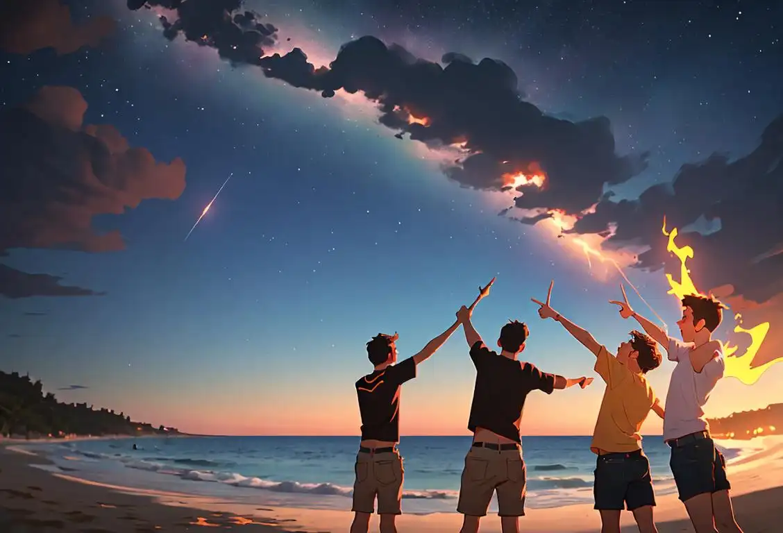Group of friends under a clear night sky, pointing upwards with awe and amazement. Casual summer clothing, beach bonfire setting..