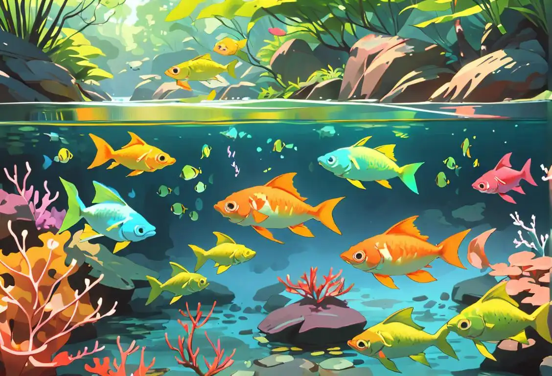 A school of brightly colored fish swimming in a crystal clear river, surrounded by lush greenery and a serene natural setting..