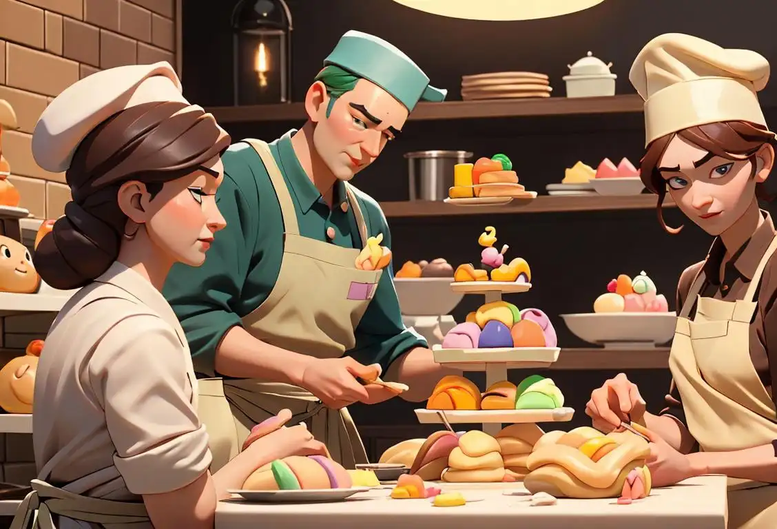 Group of diverse individuals happily sculpting marzipan creations, wearing colorful chef hats and aprons, in a bustling bakery..