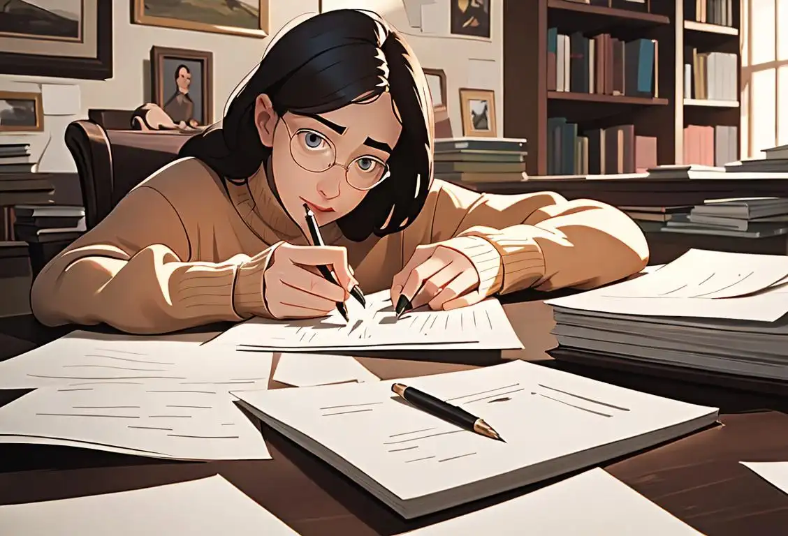 A person holding a pen, surrounded by stacks of paper, wearing a cozy sweater, in a library setting..