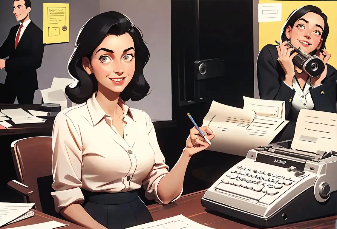 Smiling journalist with press pass, surrounded by bustling newsroom, wearing a pencil skirt, retro fashion, typewriters in the background..