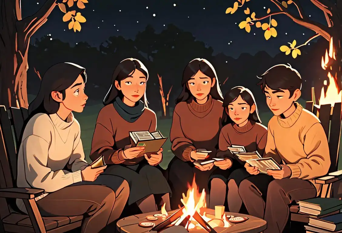 Group of diverse people sitting around a campfire in a serene outdoor setting, wearing cozy sweaters, surrounded by books and board games..