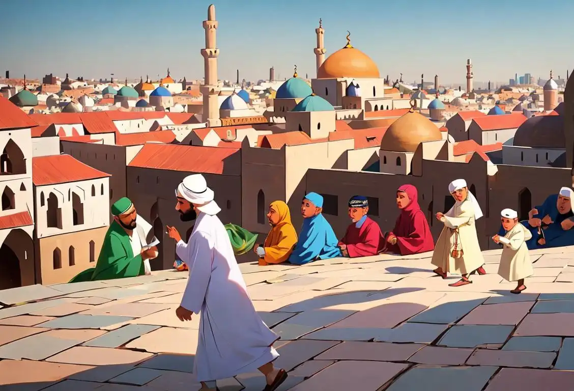 A diverse group of Muslims wearing traditional clothing and engaging in cultural activities, with a vibrant cityscape in the background..