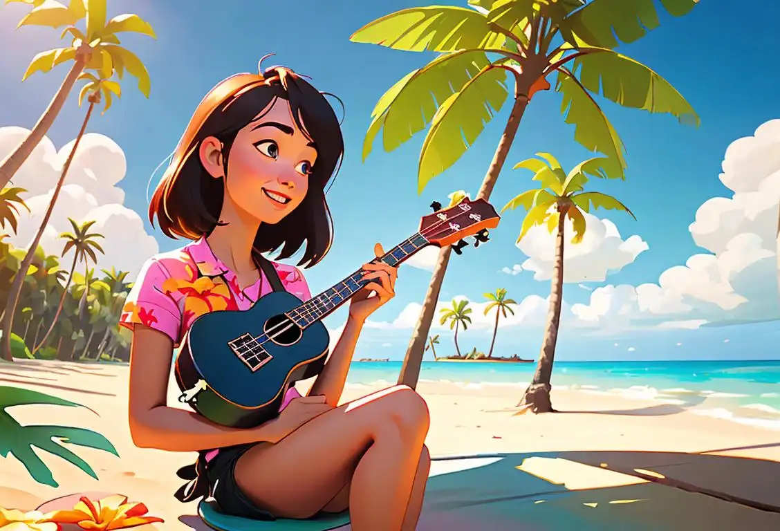Joyful person strumming a ukulele, surrounded by tropical flowers and palm trees on a sunny beach..