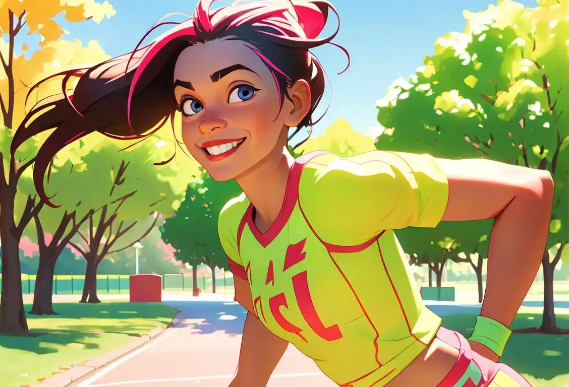 A smiling runner in vibrant colored athletic gear, running through a scenic park on a sunny day..
