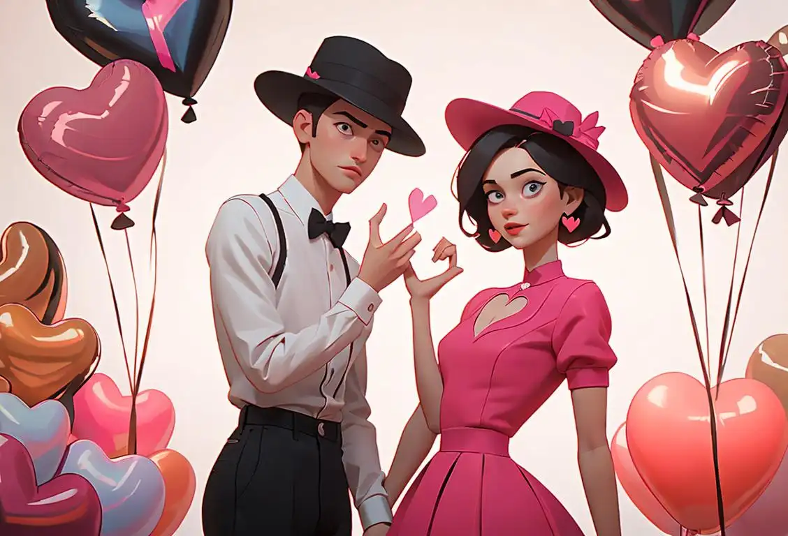 Couple in matching outfits standing in front of a heart-shaped backdrop, wearing trendy hats and surrounded by balloons..