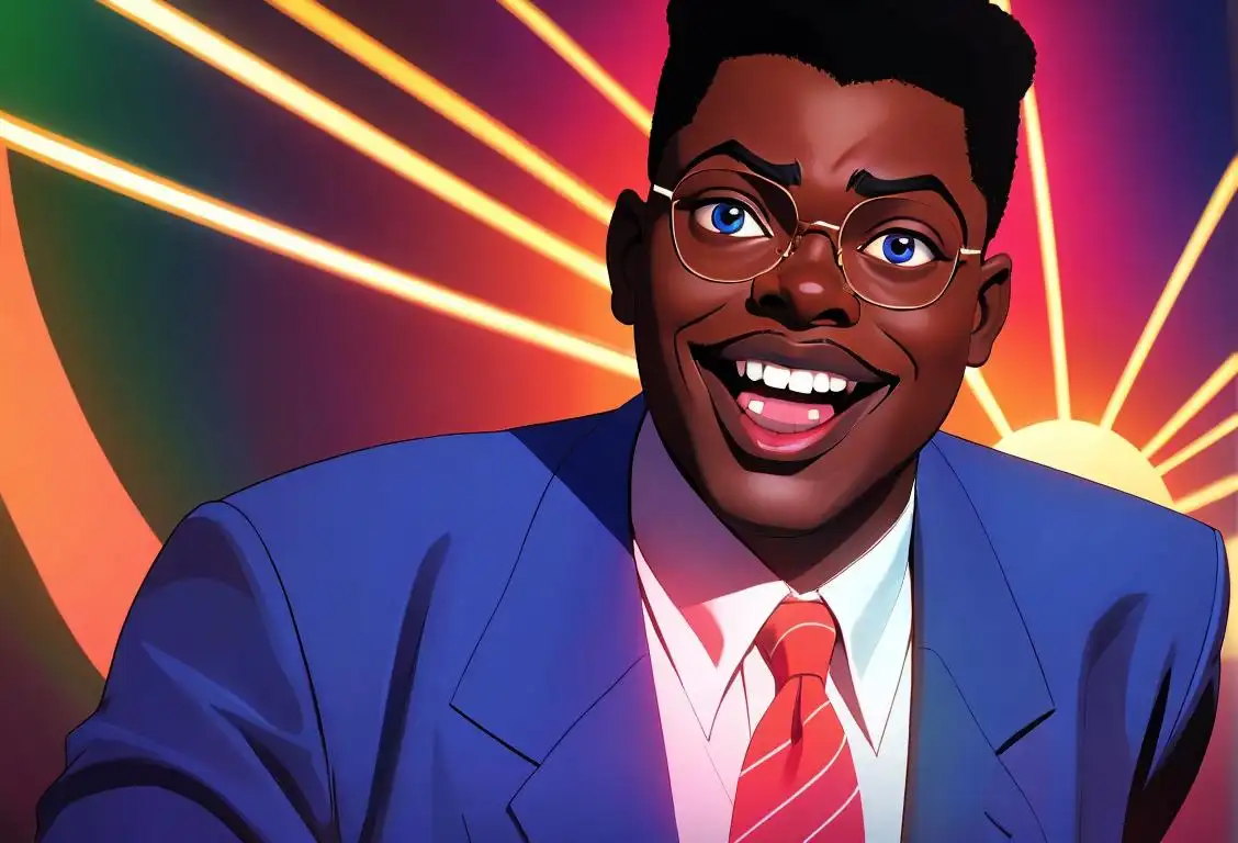 Animated image of Bernie Mac impersonator in a vibrant suit, surrounded by laughter and colorful stage lights..