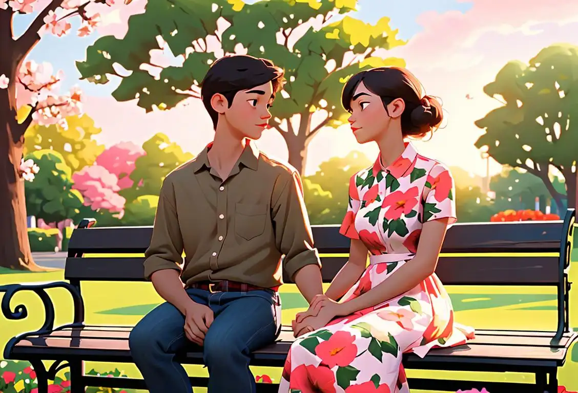 Young couple sitting on a park bench, holding hands, enjoying the sunset. Guy wearing a flannel shirt, girl in a floral dress, surrounded by blooming flowers..