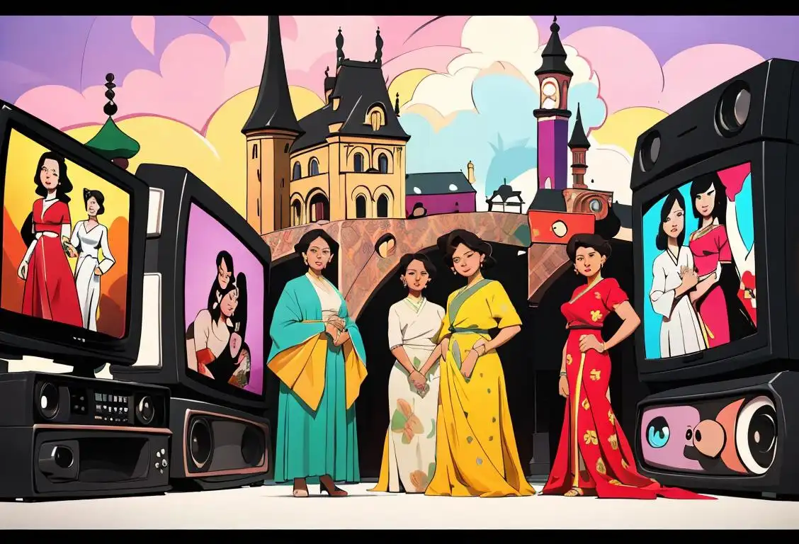 A diverse group of people gathered around a television, dressed in different fashionable outfits, representing various cultural backgrounds and surrounded by iconic landmarks..