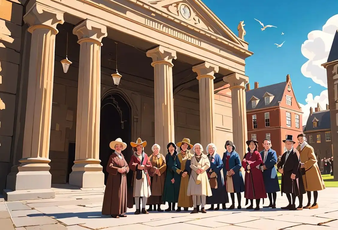 A group of people of different ages, dressed in historical costumes, standing in front of an iconic heritage building, with an air of excitement and discovery..