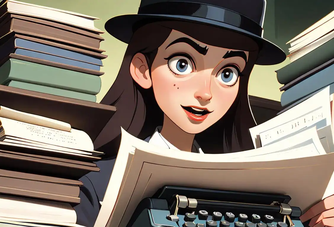 An excited person in a newsroom, surrounded by stacks of newspapers, wearing a stylish fedora hat, retro clothing, and a vintage typewriter in the background..