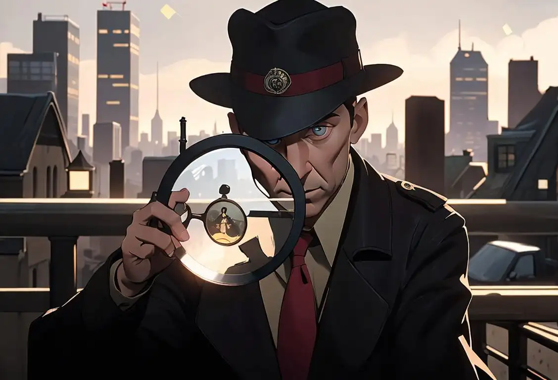 A person in a detective trench coat, holding a magnifying glass, surrounded by a city skyline and a secret agent symbol on their hat..
