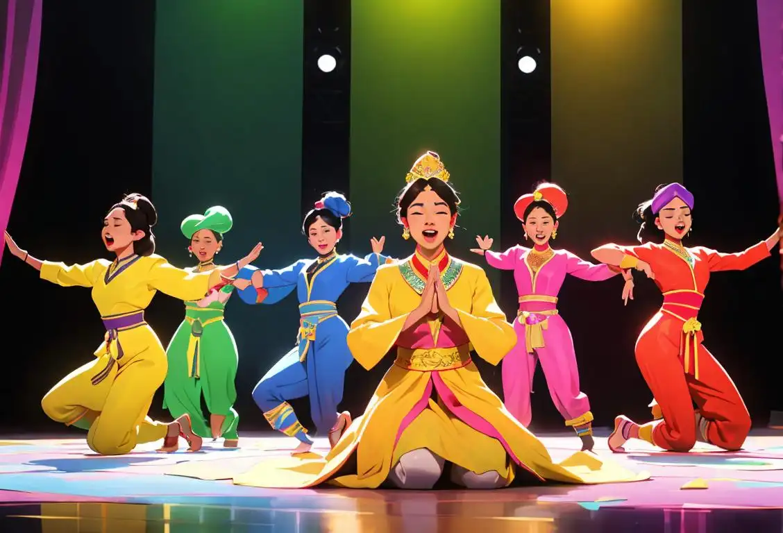 A joyful group of diverse performing artistes in colorful costumes, striking a pose, surrounded by a vibrant stage set..